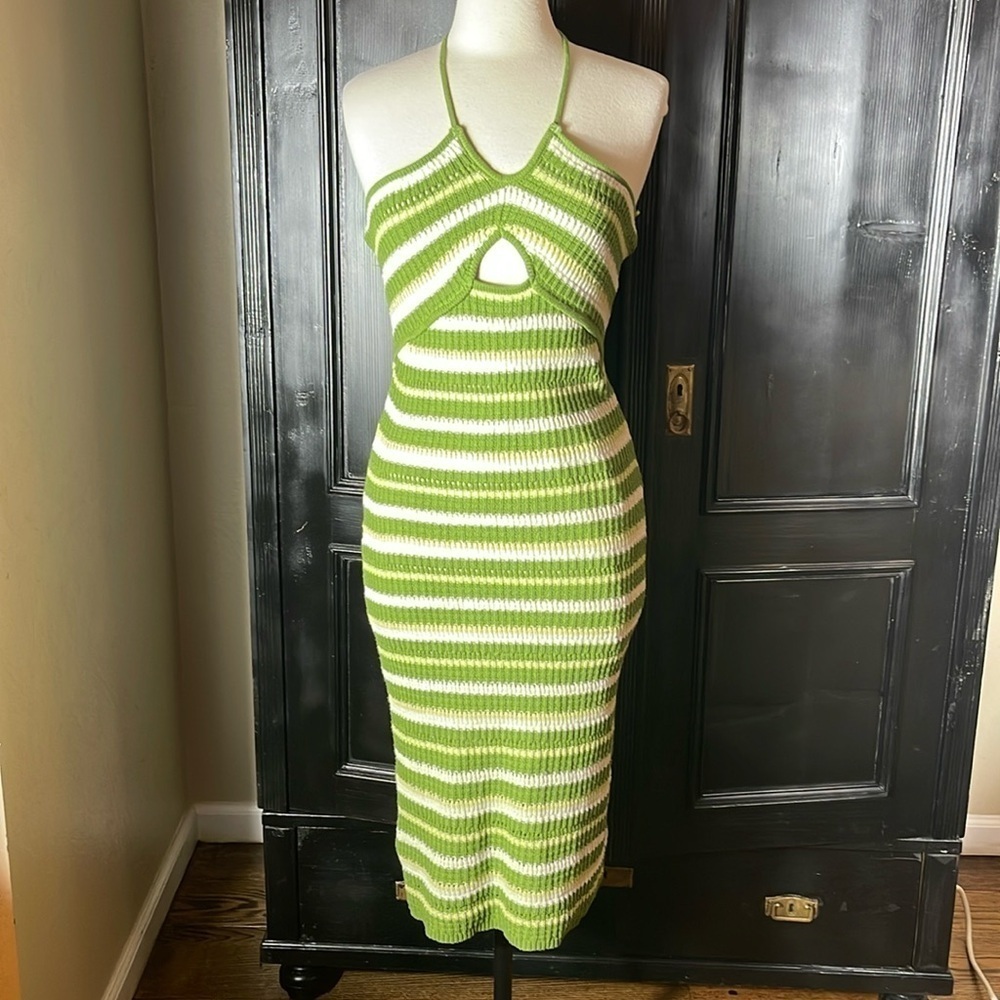 NWOT Sincerely Jules Crochet Stripe Halter Cut Out Midi Dress SZ S